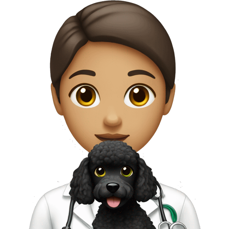 girl veterinarian with brown hears and green eyes. With she has a black poodle emoji