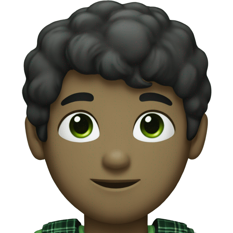 A light boy with black hair wearing a white T-shirt with a black plaid shirt over it with green eyes emoji