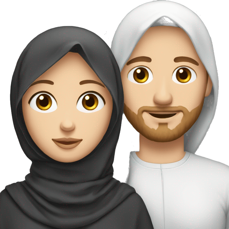 young white European guy with curly black hairs with her wife wear a hijab  emoji