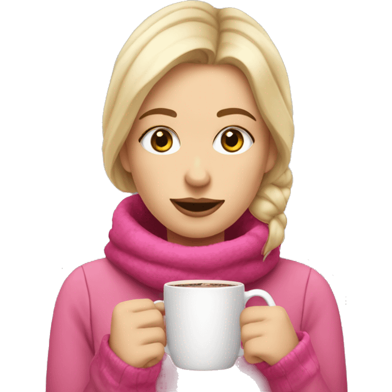 dirty blonde girl with hazel eyes drinking a hot chocolate with pink coloured winter clothes  emoji