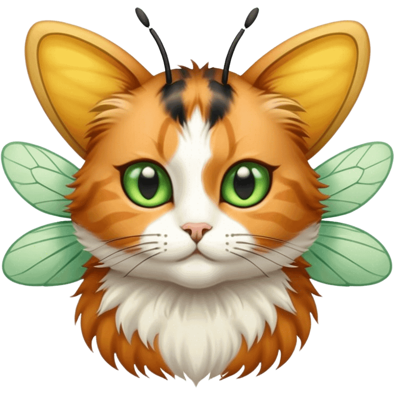 Calico Cat fluffy with bee wings antennae green eyes emoji