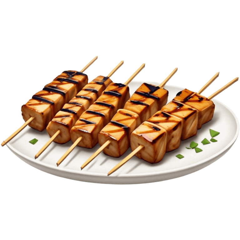 Cinematic Realistic Yakitori Dish Emoji, depicted as skewered, grilled chicken pieces with a charred finish rendered with crisp textures and appetizing, natural lighting. emoji