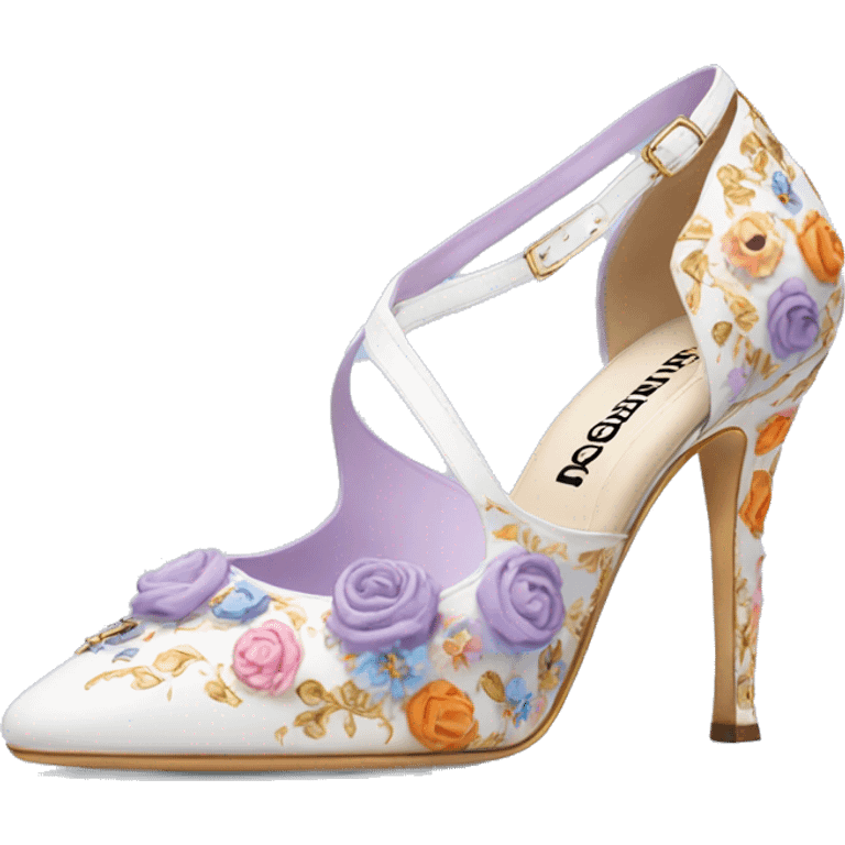 Dolce and Gabbana white high heels with colourful lavender light blue orange pink summer print and golden detais 2023 emoji