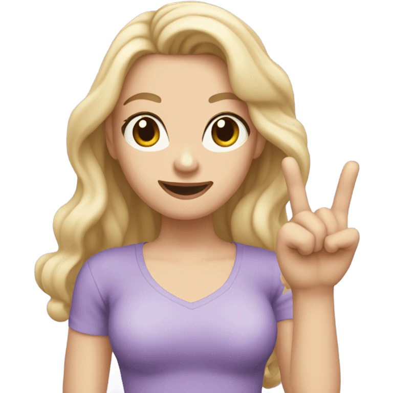 Woman, white skin, pale skin, long hair, blonde hair, wavy hair, lavender top, finger guns emoji