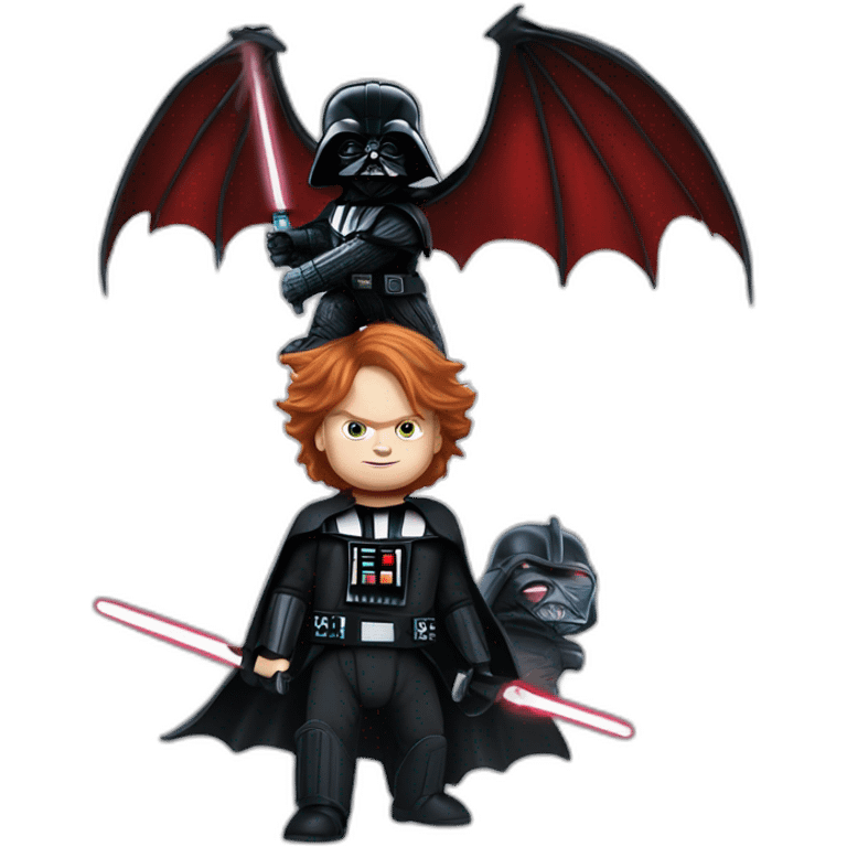 Chucky as Darth Vader on a dragon flying to the death star emoji