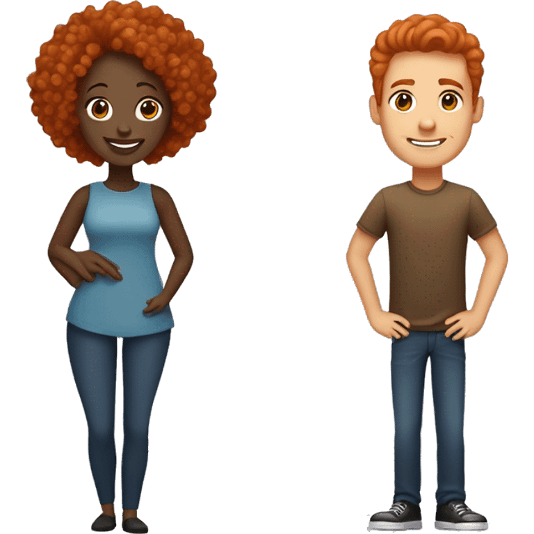 Create an emoji of a couple: a woman with curly long red hair and a man with very short straight black hair and dark brown skin. Both should be smiling and hugging emoji