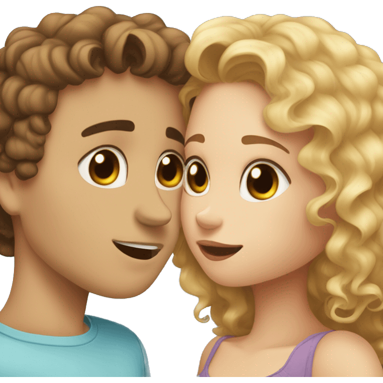 girl with blond strait hair and blue eyes kissing a boy with brown hair that is curly with hazel eyes emoji