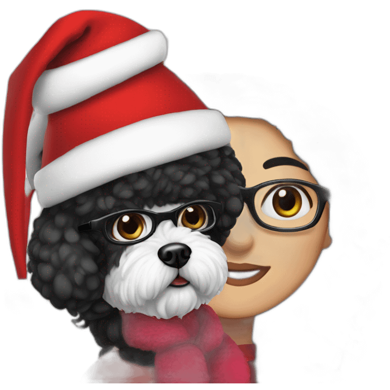 woman-black hair-christmas hat-with glasses-with bichon dog-white-smile emoji