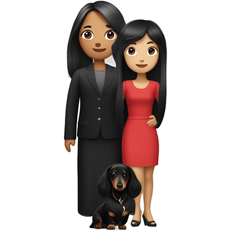 Long-haired dachshund with black-haired Asian girl wearing black dress emoji