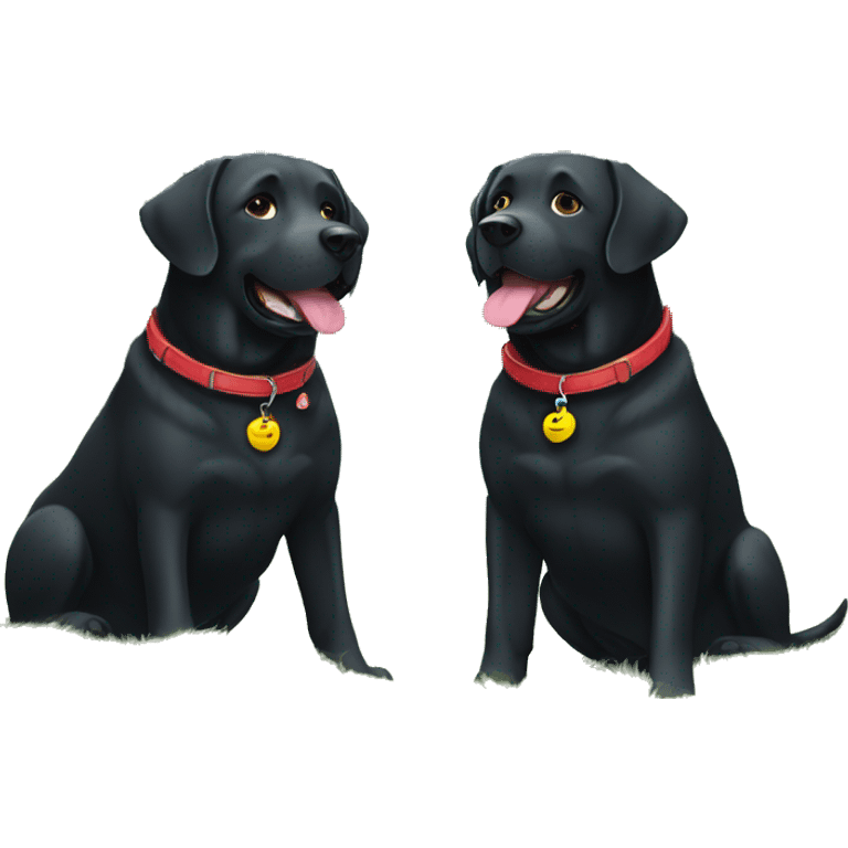 TWO happy adult BLACK labradors. one with a red collar next to another happy adult BLACK labradors with a light blue collar. emoji