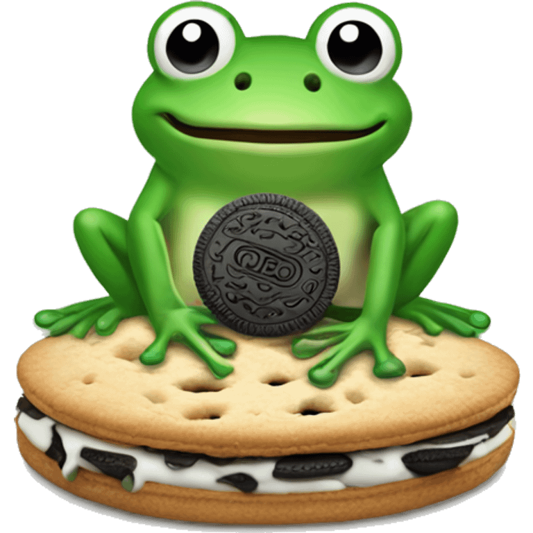 frog holding an oreo cookie and smiling. Only the frog's head and hand holding the oreo are visible.  emoji