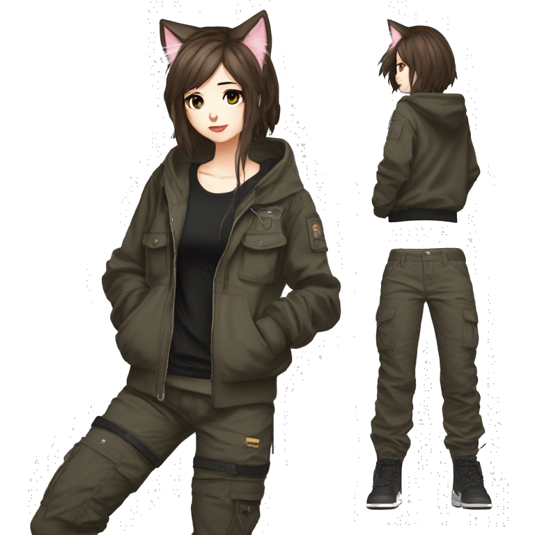 Edgy cool shy beautiful pretty anime punk tomboy with cat ears techwear cargo pants hoodie brown hair emoji