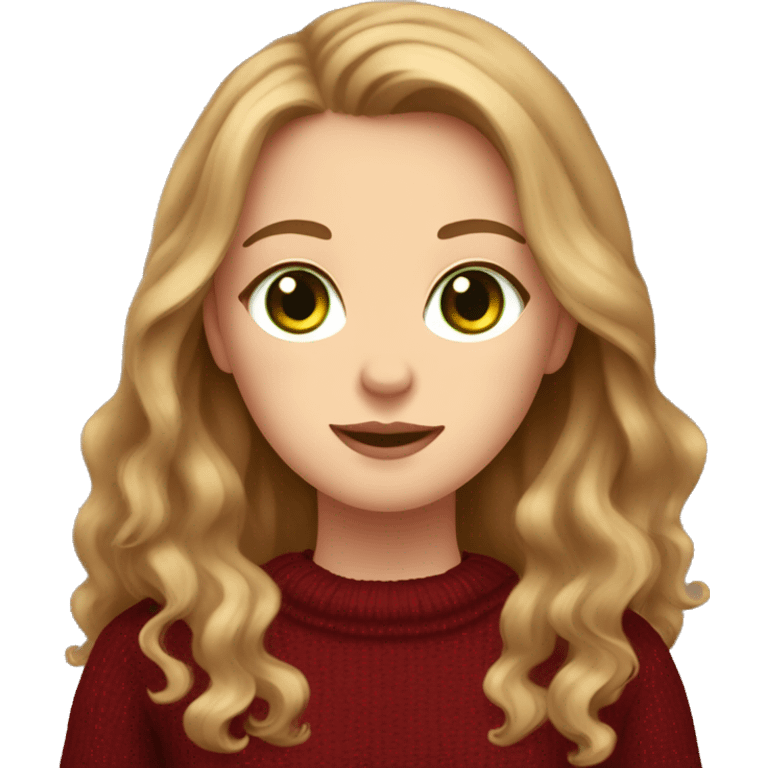 White girl with green eyes and long light brown wavy hair wearing a dark red sweater and holding a tortoiseshell cat emoji