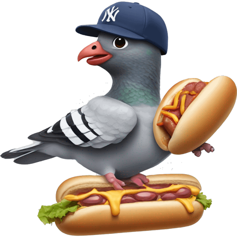 pigeon wearing New York yankee hat while smashing a hotdog emoji