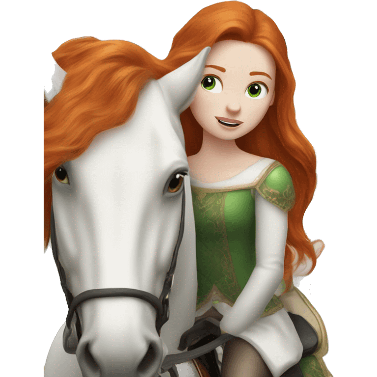 Redhead (ginger) girl, long blowout hair, green eyes and pale skin riding a white horse emoji