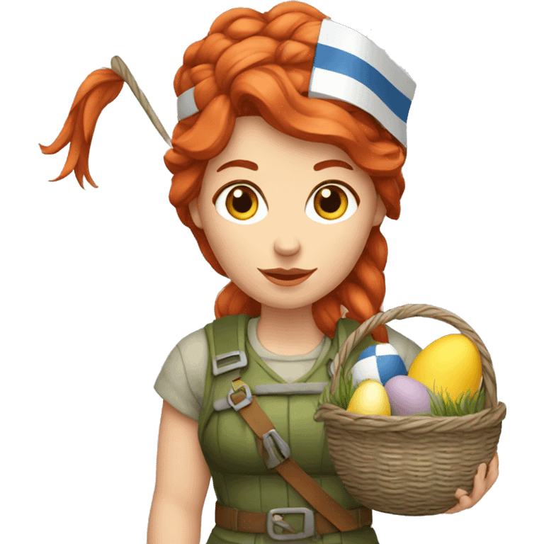 red hair female winter mountaineer with Easter basket and Greek flag emoji