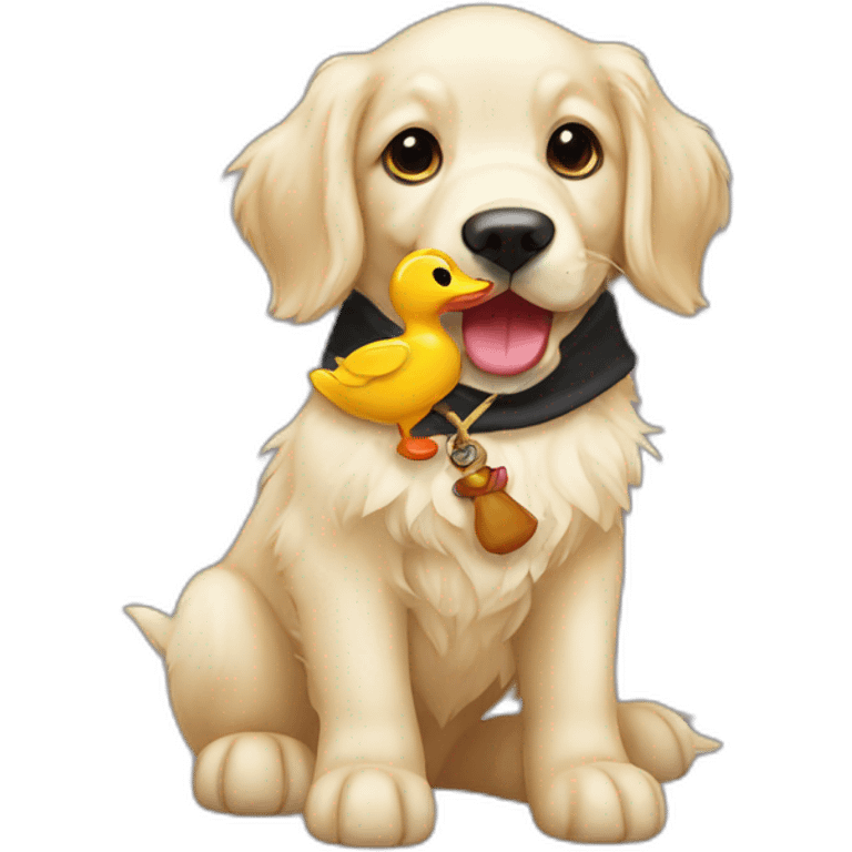 English cream golden retriever holding a pirate duck toy emoji