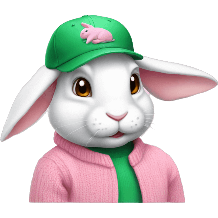 White rabbit wearing pink sweater and green baseball cap emoji