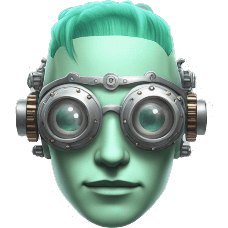 Pastel green haired male cyborg head with silver steampunk goggles emoji