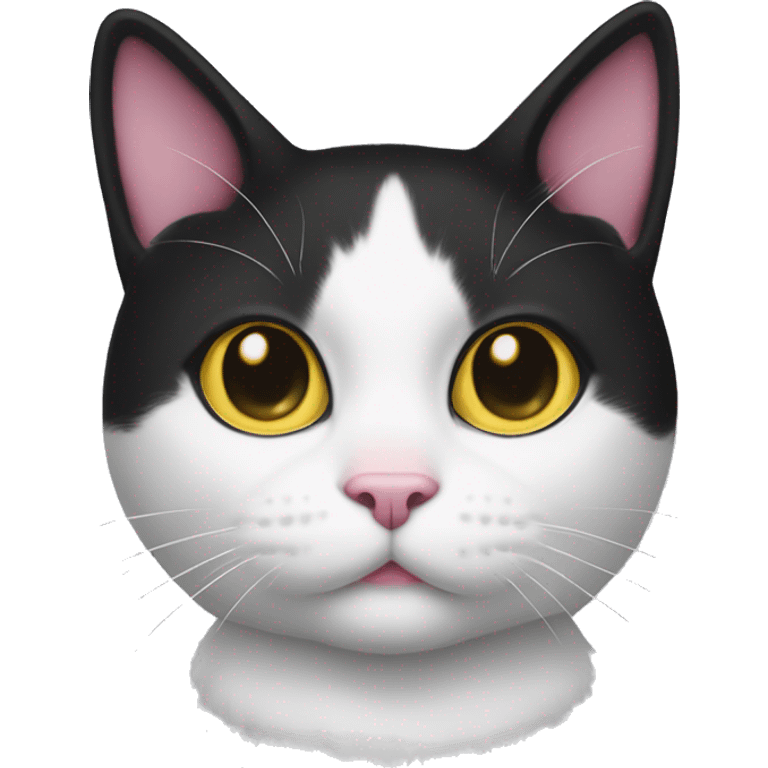 A tuxedo cat with a pink nose and yellow eyes with a white bow on the head  emoji