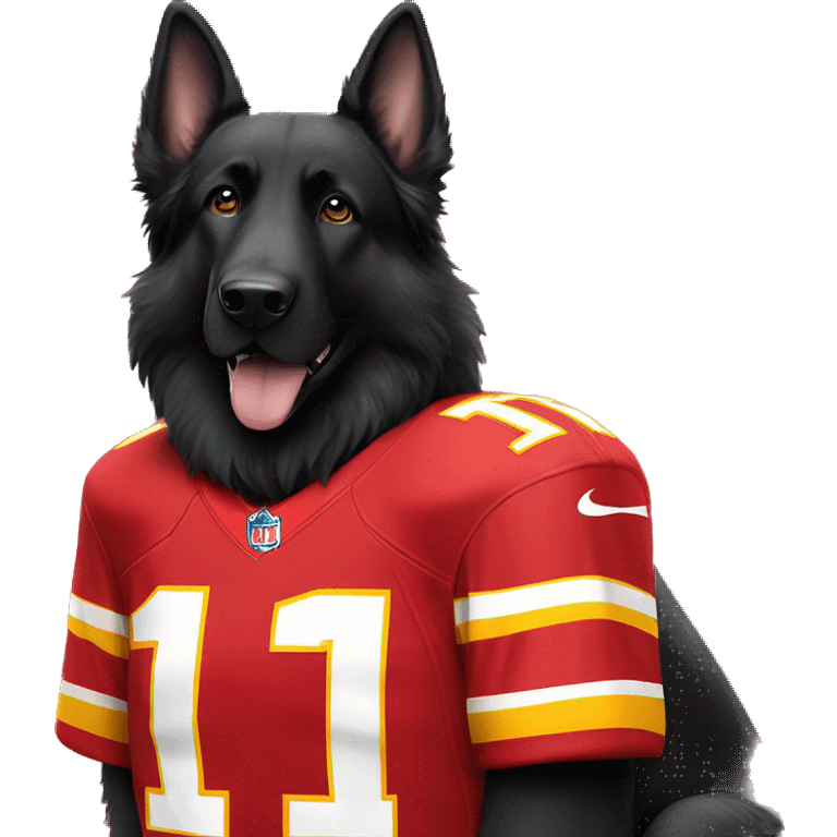 long haired black German shepherd dog wearing number 1 Kansas City Chiefs jerseys  emoji