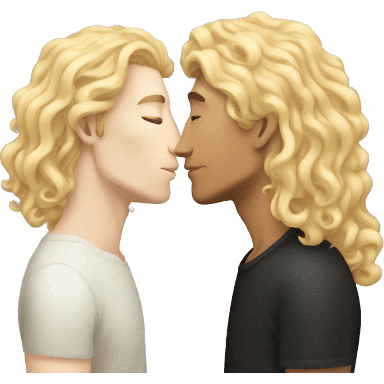 pale man with long blonde hair kissing a tan man with curly black hair emoji