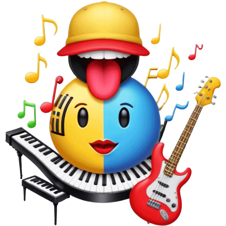 Create a vibrant and creative emoji that represents beatboxing. The design should feature a microphone with a cap placed on top, with oversized lips peeking out from under the cap. From the lips, bass clefs should be flying out, along with a variety of musical instruments (like a drum, electric guitar, and piano keys) to symbolize the blend of rhythm and creativity in beatboxing. Use bold, energetic colors like neon red, yellow, and blue to capture the lively and street-savvy essence of beatboxing. The background should be transparent. emoji