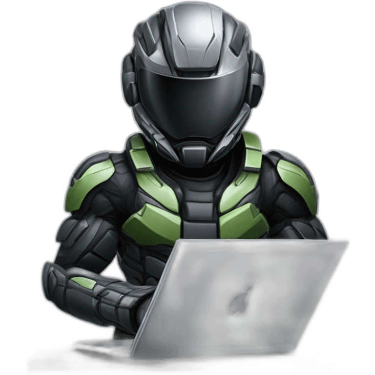 developer behind his laptop with this style : Crytek Crysis Video game with nanosuit hacker themed character emoji