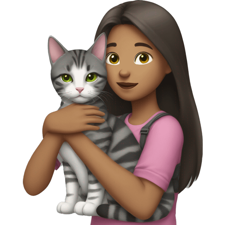 A girl with dark brown hair hugs a gray tabby cat with a pink nose and green eyes. The girl's face is not visible emoji