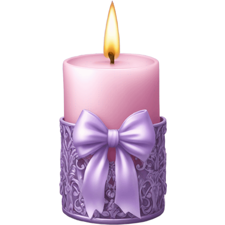 A soft pink candle in an ornate lavender glass holder, tied with a delicate satin bow. emoji