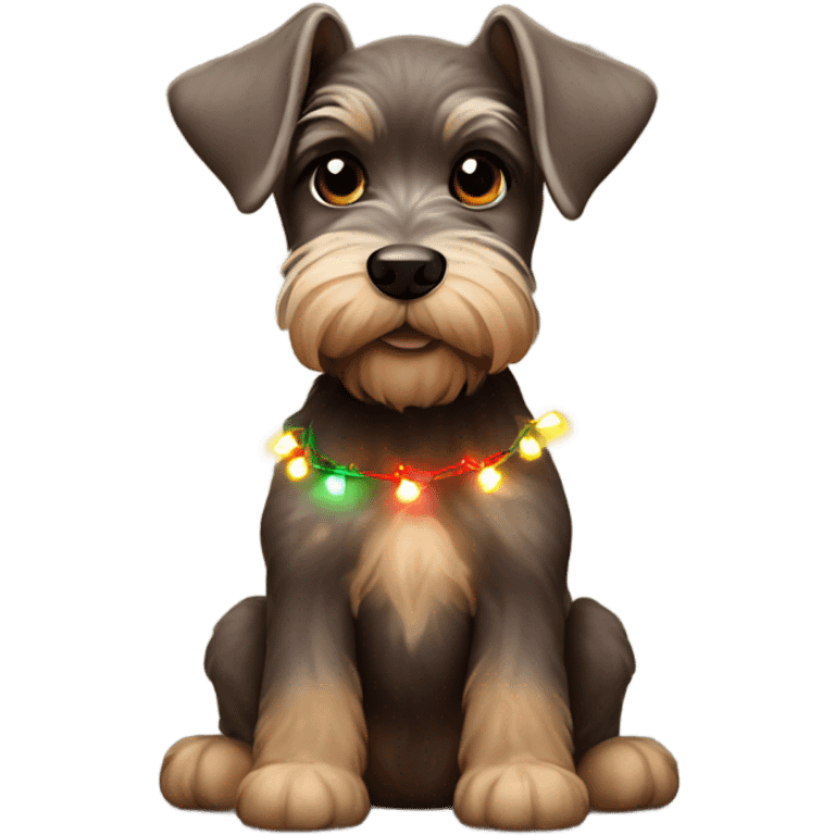 Brown miniature schnauzer puppy tangled in Christmas lights emoji