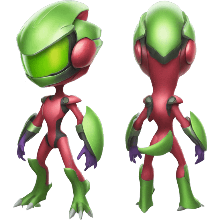 a shiny Genesect-Flygon-Raptor-Fakémon—hybrid with a futuristic visor-helmet full body emoji