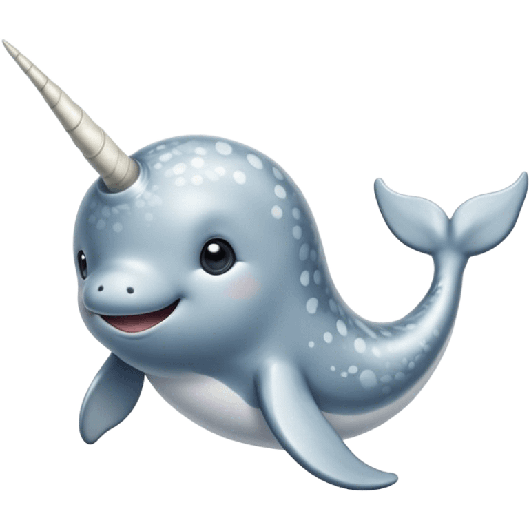 Cinematic Noble Cute Narwhal Portrait Emoji, Poised and graceful, with a streamlined, gently curved body clad in mottled, silvery-gray skin, accented by a long, spiraled ivory tusk and wide, expressive eyes radiating playful intelligence, Simplified yet sharp and sophisticated features, highly detailed, glowing with a cool, frosted ocean glow, high shine, intelligent and enigmatic, stylized with an air of whimsical marine majesty, focused and graceful, soft glowing outline, capturing the essence of a watchful and confident cute narwhal that appears ready to glide out of the screen with effortless charm! emoji