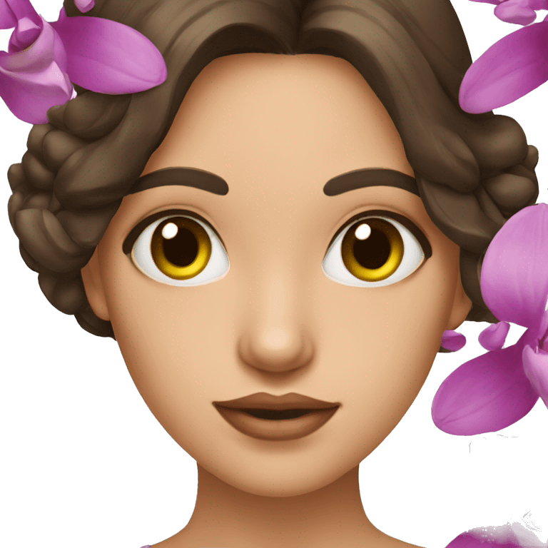 Brunette girl with orchids on her eyes emoji