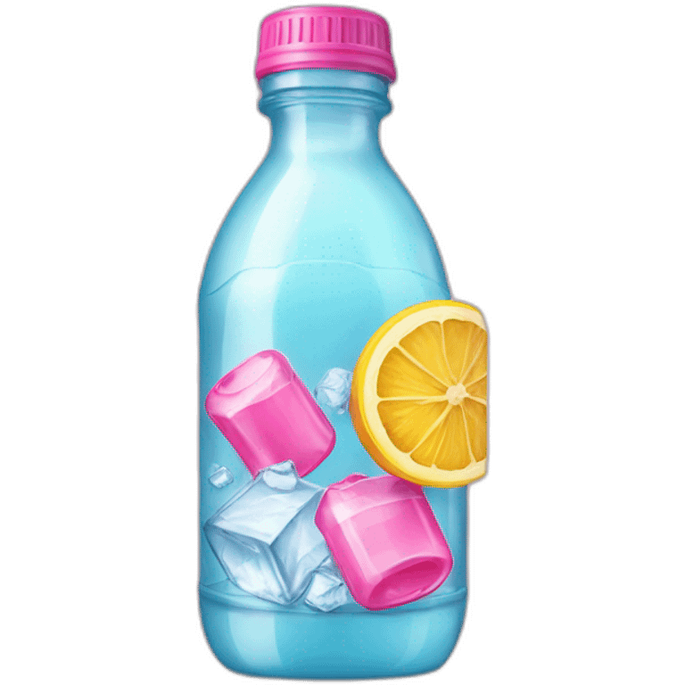 plastic bottle with pink drink and ice cubes emoji