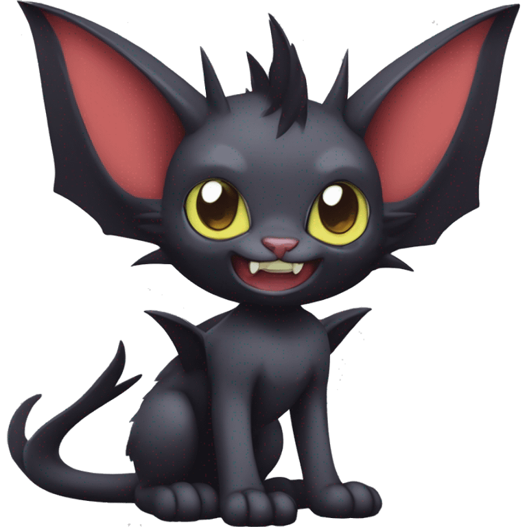 Black cool kawaii edgy vampiric demonic Noivern-Litten-Sphynx-Lykoi-Caracal-Fakemon with big bat ears full-body emoji