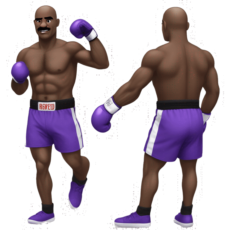 Evander Holyfield in his prime in boxing attire, purple shorts, with guard half up emoji