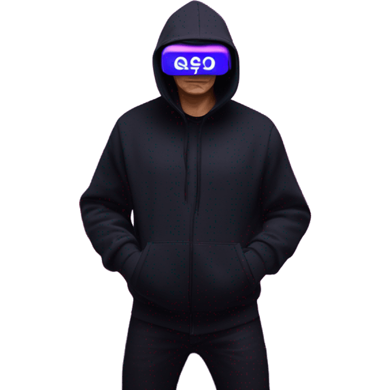 Vladimir Putin wearing a black hoodie with "OMG" letters on it and VR headset oculus quest 2 in a cyberpunk VR environment with violet neon lighting. emoji