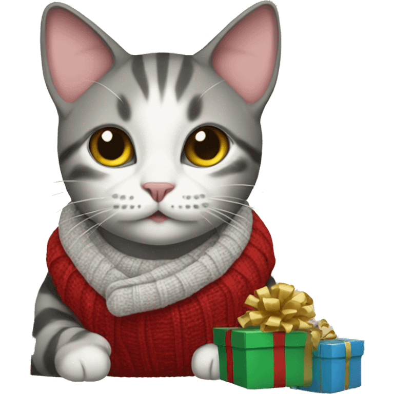 cat in a sweater with lots of wrapped presents emoji