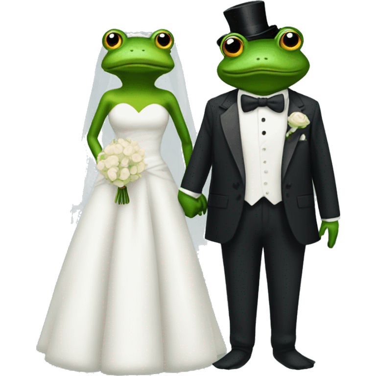 One frog in wedding dress and one frog in a tuxedo holding hands getting married emoji