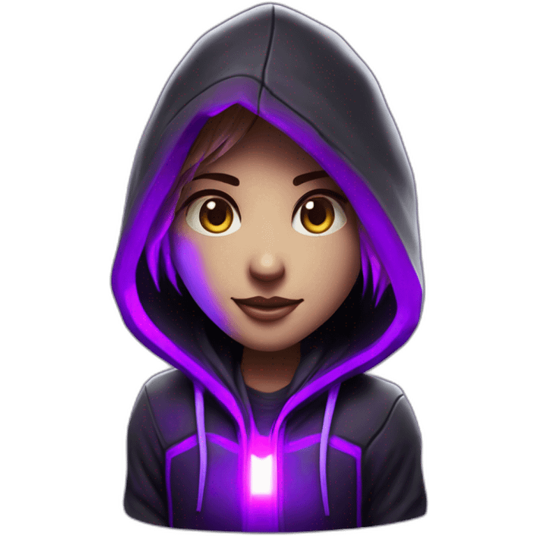 Girl developer behind his laptop with this style : Crytek Crysis Video game neon glowing bright purple character purlple black hooded hacker themed character emoji