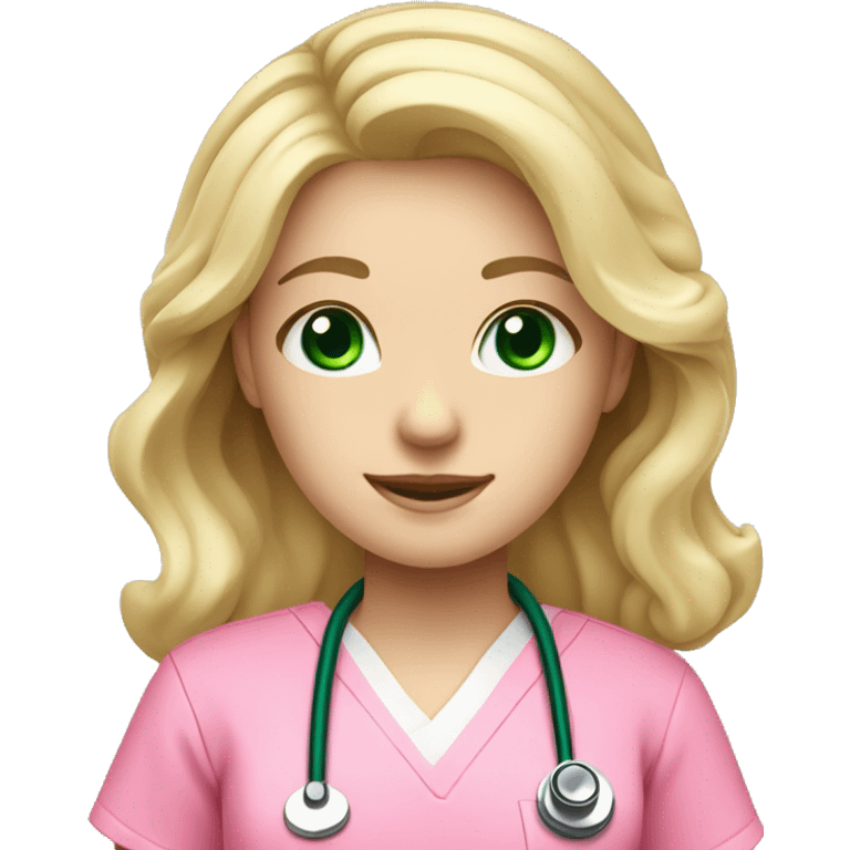 pale blonde girl with long wavy hair and green eyes wearing pink scrubs and stethoscope  emoji