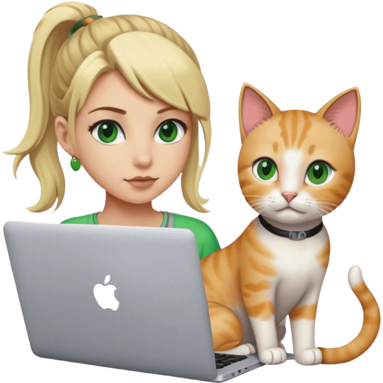 Blonde girl ponytail green eyes with apple MacBook and a cat emoji