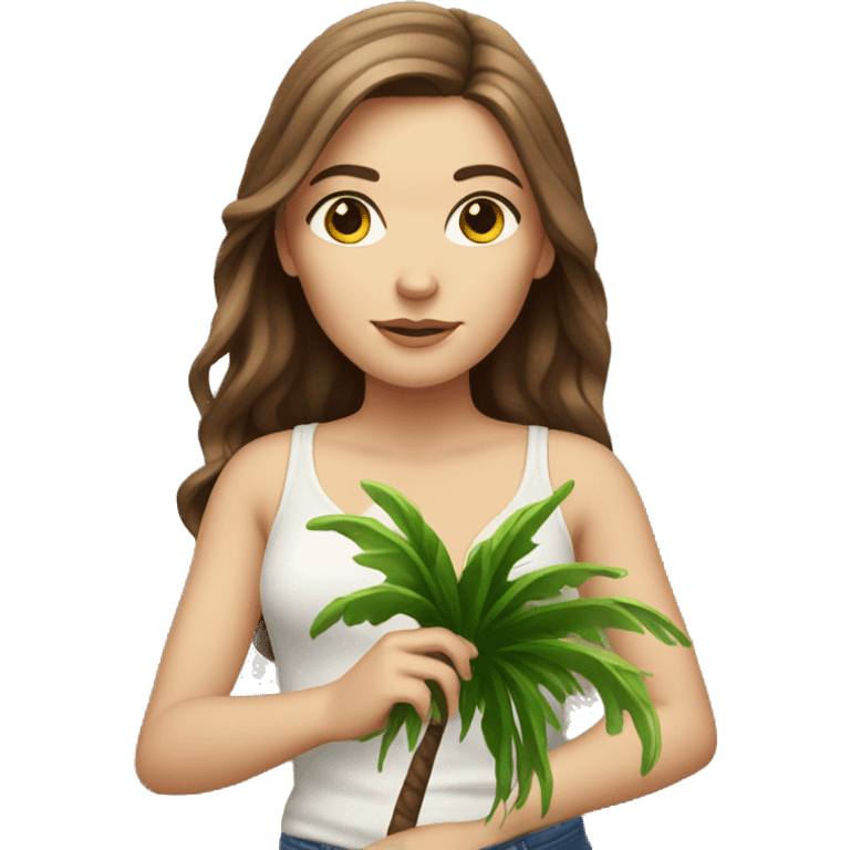 White girl with brown hair carrying a small palm tree emoji