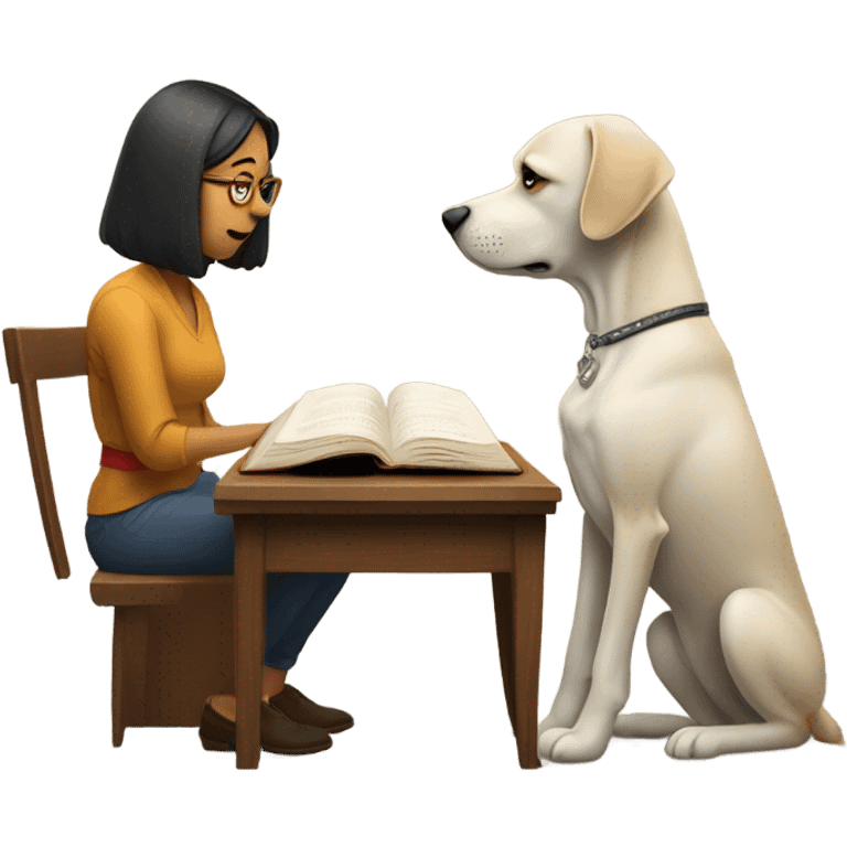 Dog reading a book but woman blocking the words emoji