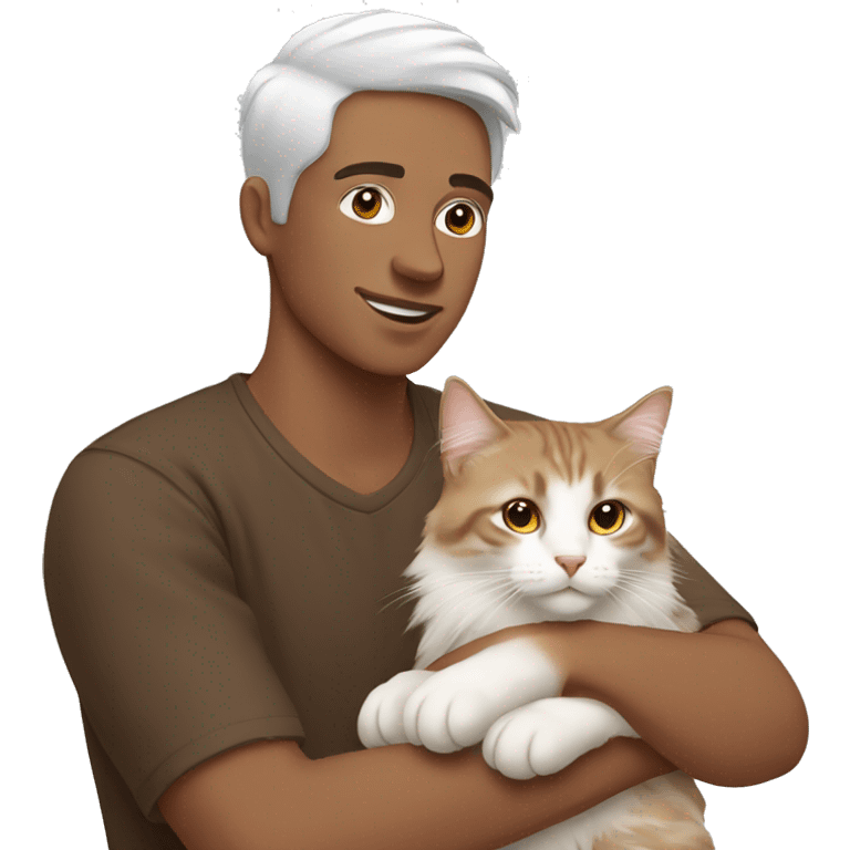 man with brown holding a white Siberian cat emoji