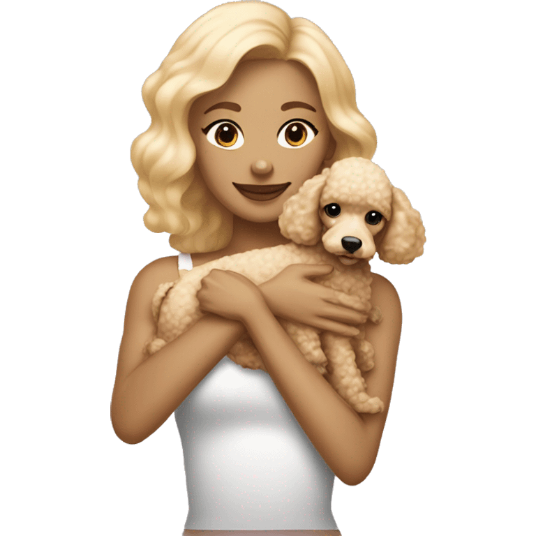 blonde woman straight hair hugging cream colored poodle puppy emoji