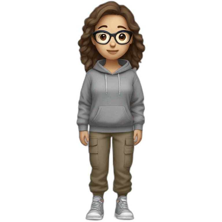 Full body Girl wirh Brown hair and round glasses and a grey hoodie and cargo pants emoji