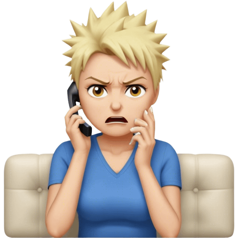 Short Blonde spikey mature woman on the phone angry sat on the sofa emoji