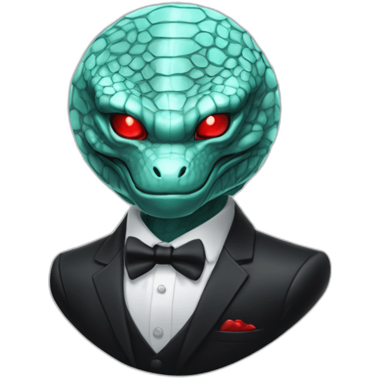 Aquamarine reptilian in classic black suite with red laser eyes on the middle of platinum coin emoji